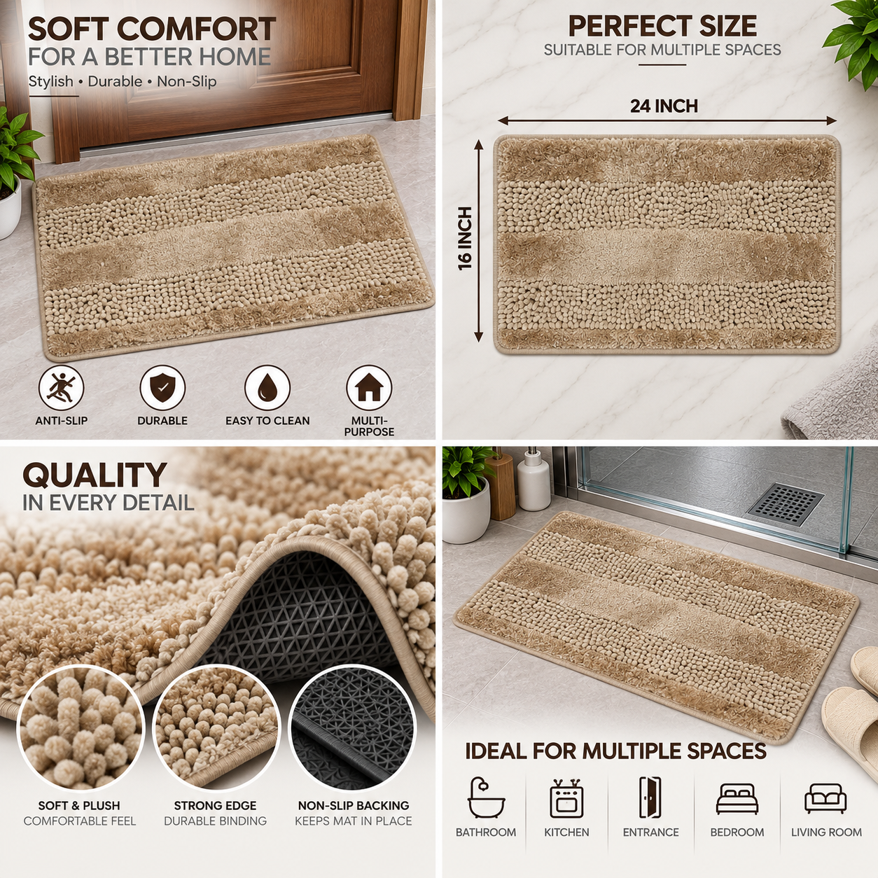 2PC Soft Beaded Bath Mat | Absorbent Non-Slip Floor Mat for Bathroom & Home