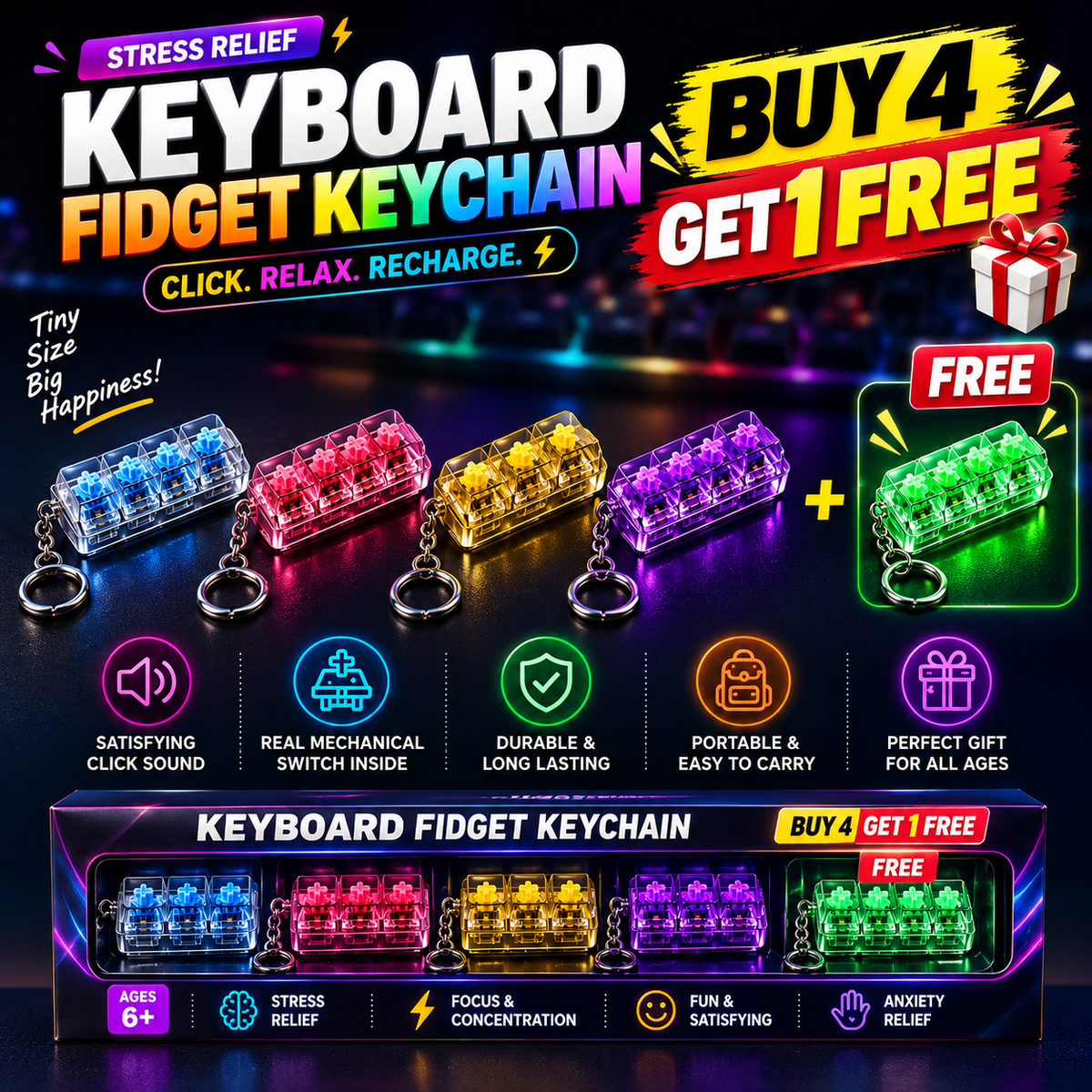 Keyboard Fidget Keychain Toy with Mechanical Switches | Mini Clicker Stress Relief Keychain
