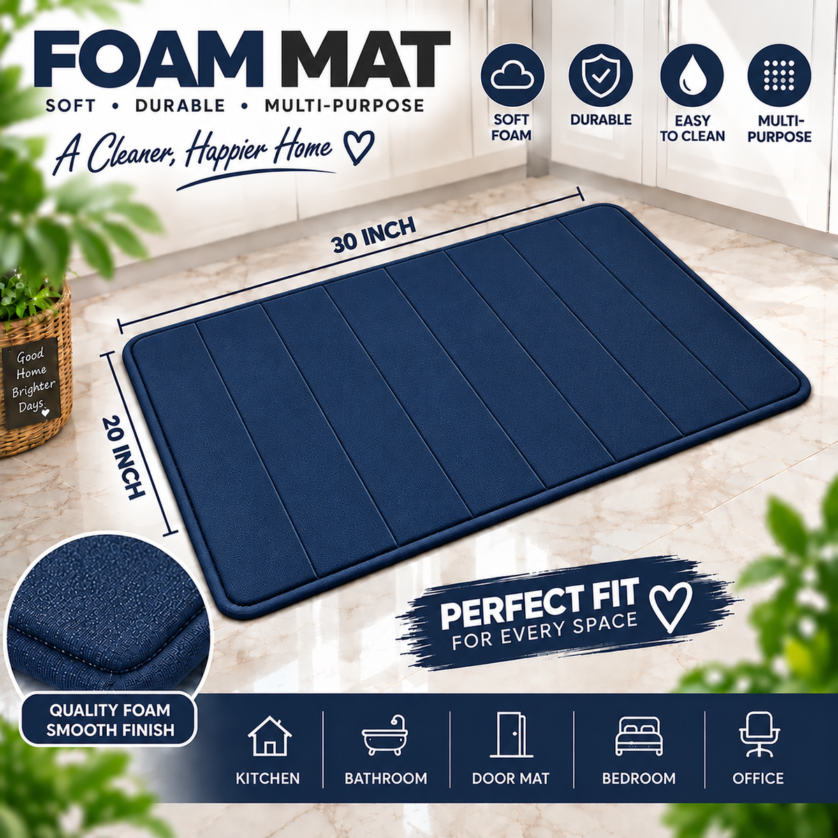 2PC Soft Plush Bath Mat Navy Blue | Non-Slip Absorbent Floor Mat for Bathroom & Home