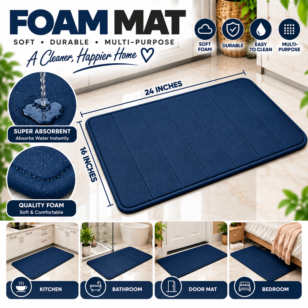 2PC Soft Plush Bath Mat Navy Blue | Non-Slip Absorbent Floor Mat for Bathroom & Home