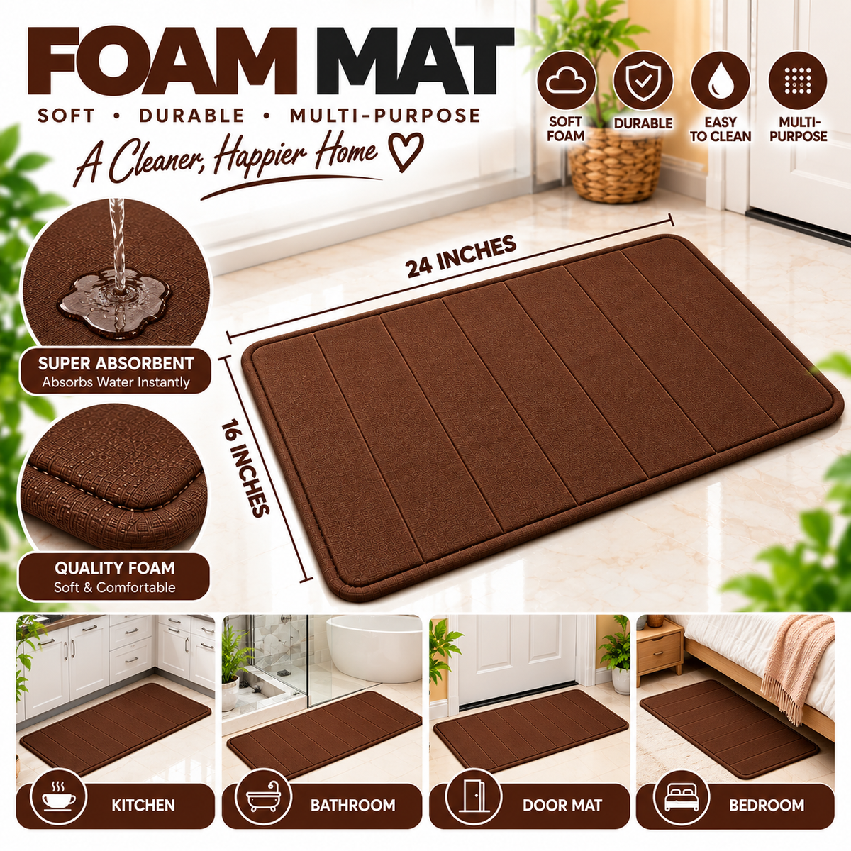 2PC Soft Foam Floor Mat Brown | Anti-Slip Multi-Purpose Mat