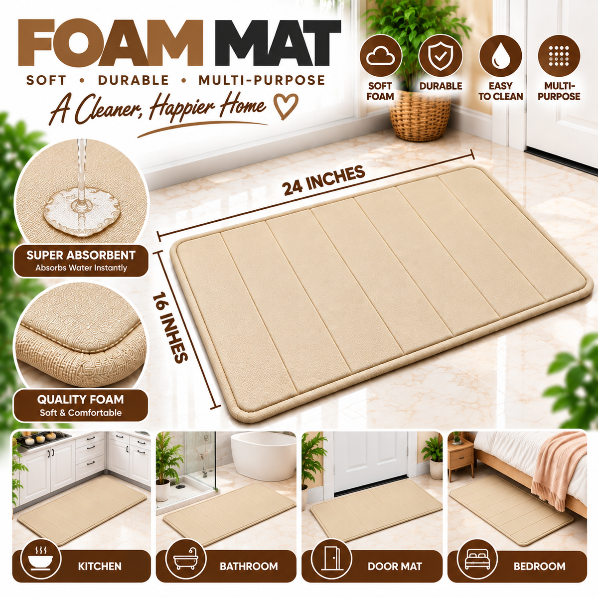 2PC Soft Foam Floor Mat Beige | Anti Slip Multi-Purpose Mat