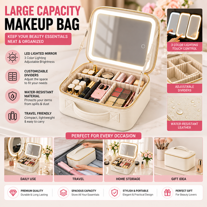 Large Capacity LED Makeup Bag with Mirror | Portable Cosmetic Organizer Case