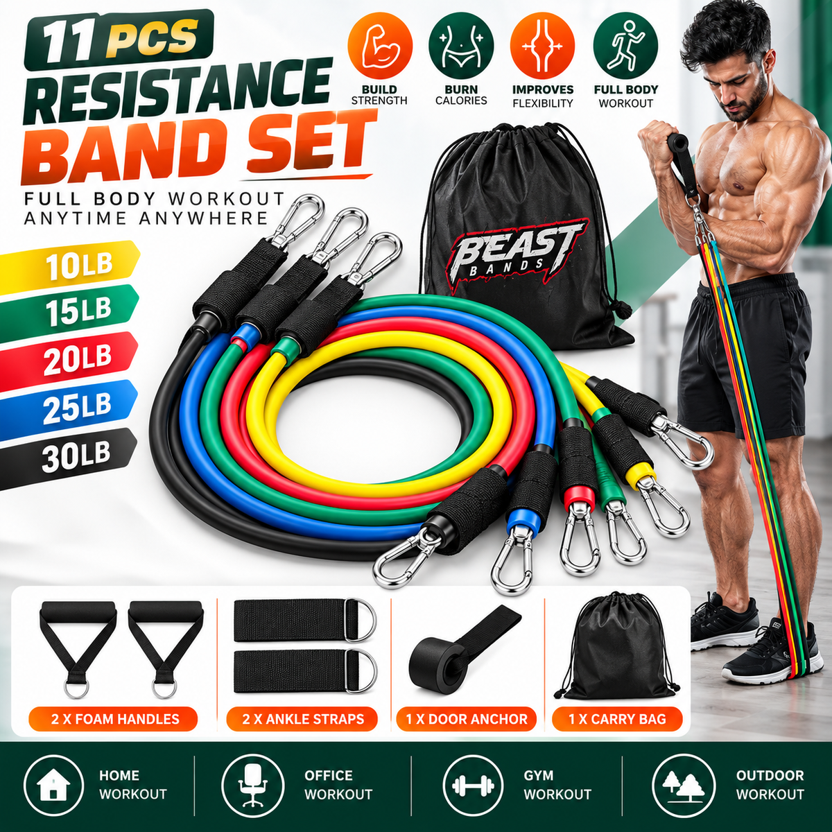 11-Piece Resistance Band Set – Adjustable Full Body Workout Bands with Handles, Ankle Straps & Door Anchor