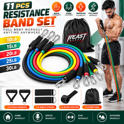 11-Piece Resistance Band Set – Adjustable Full Body Workout Bands with Handles, Ankle Straps & Door Anchor