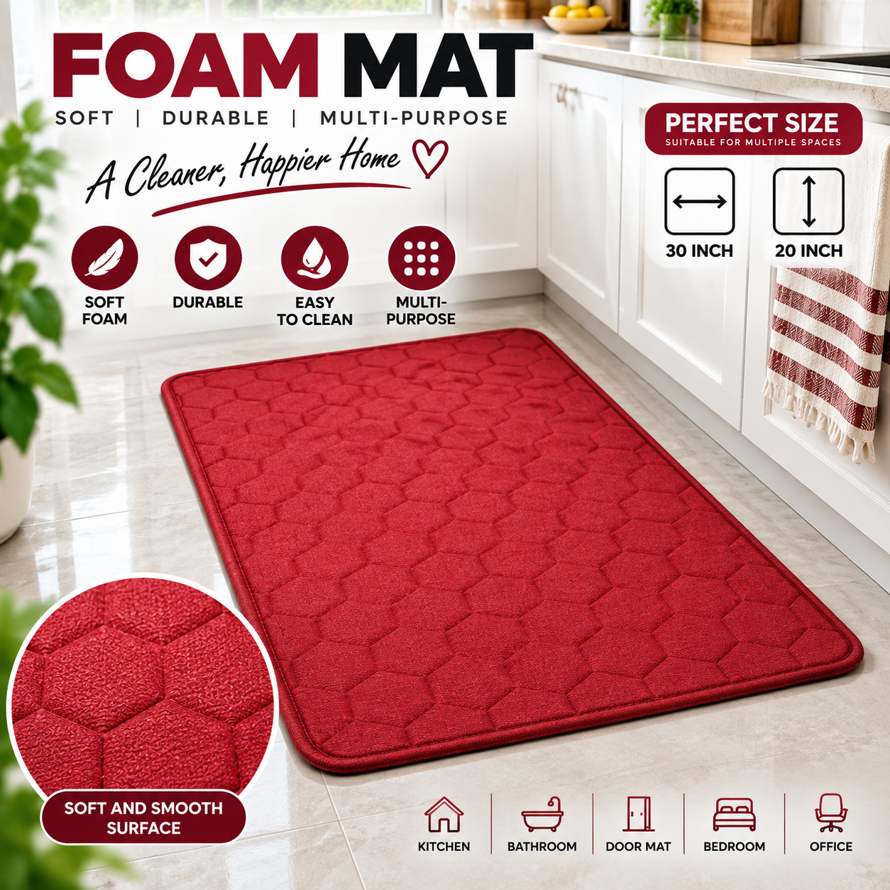 Soft Foam Floor Mat 30 × 20 Inch | Multi-Purpose Kitchen & Bathroom Mat