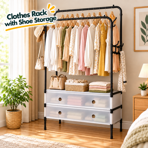 Double Rod Clothes Rack with Storage Shelves & Shoe Organizer – Heavy Duty Garment Rack for Bedroom & Home