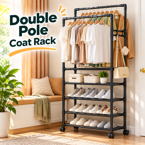 5-Layer Indoor Double Pole Coat Rack – Clothes & Accessories Organizer