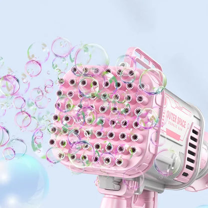 Pink bubble gun with colorful bubbles against a light blue background