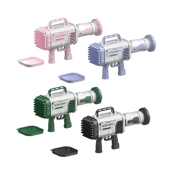 Four toy space guns in different colors on a white background