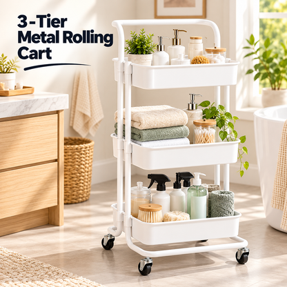 3-Tier Metal Rolling Storage Cart – Multipurpose Utility Organizer with Wheels