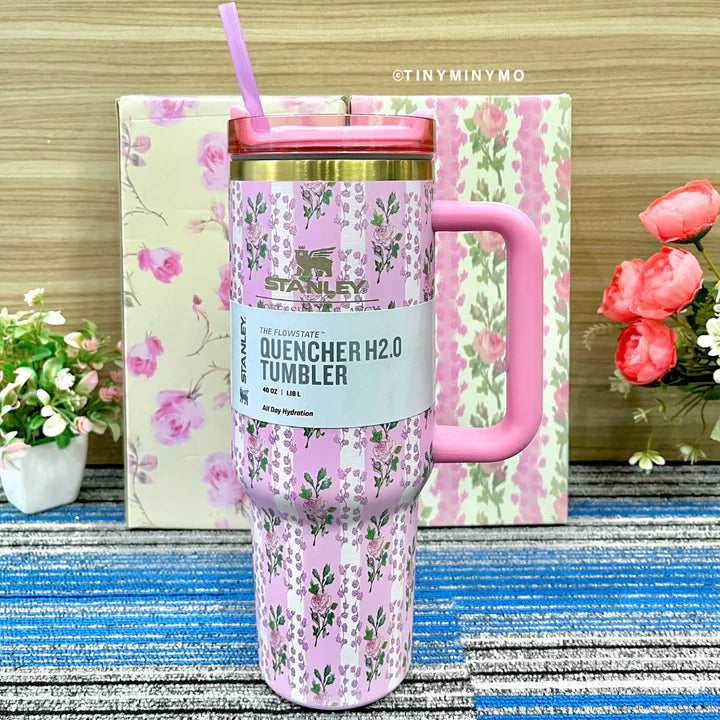 Floral 40oz insulated tumbler with handle and straw - Saadiq.pk