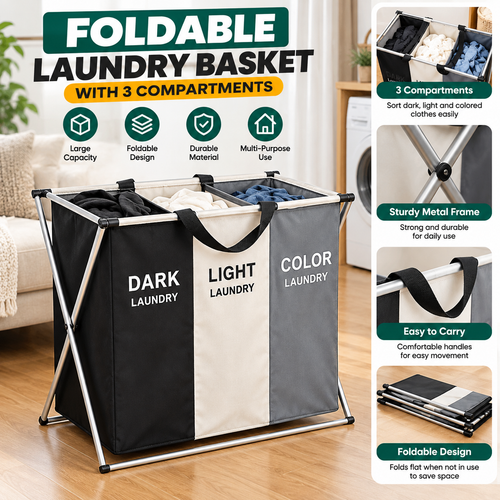 3 Compartment Laundry Basket – Foldable Clothes Sorting Organizer