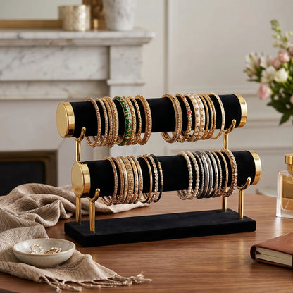 3-Tier Velvet Jewelry Organizer Stand with Wooden Base | Display Holder