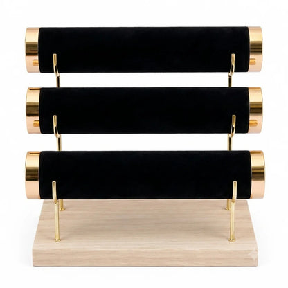 3-Tier Velvet Jewelry Organizer Stand with Wooden Base | Display Holder