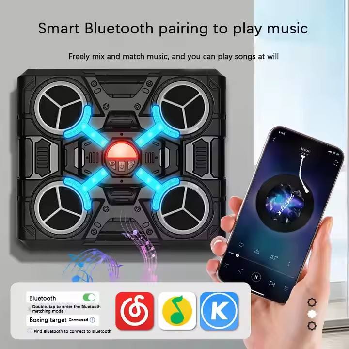 Bluetooth speaker with LED lights and smartphone showing music app interface.
