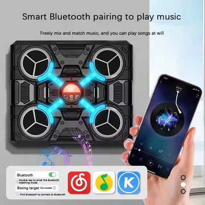 Bluetooth speaker with LED lights and smartphone showing music app interface.