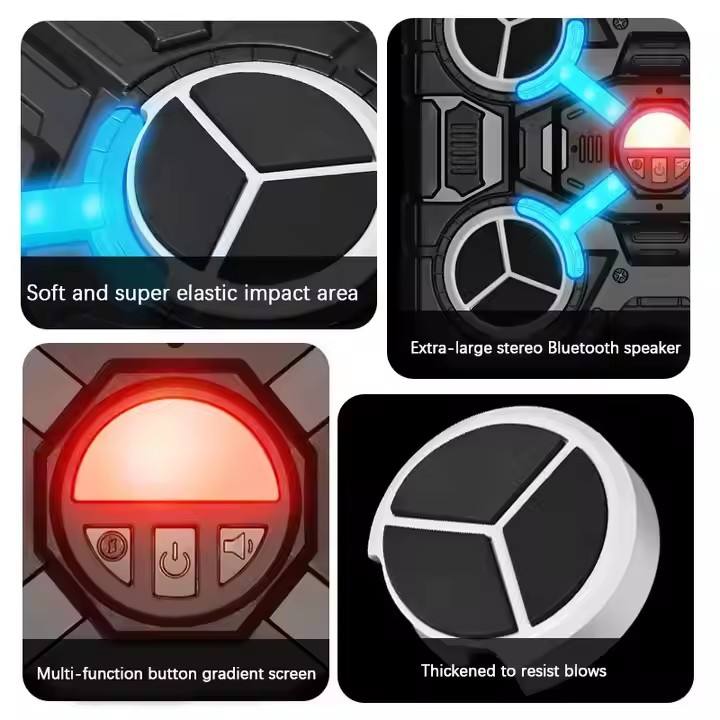 Product features with text describing soft impact area, Bluetooth speaker, gradient screen buttons, and thickened design.