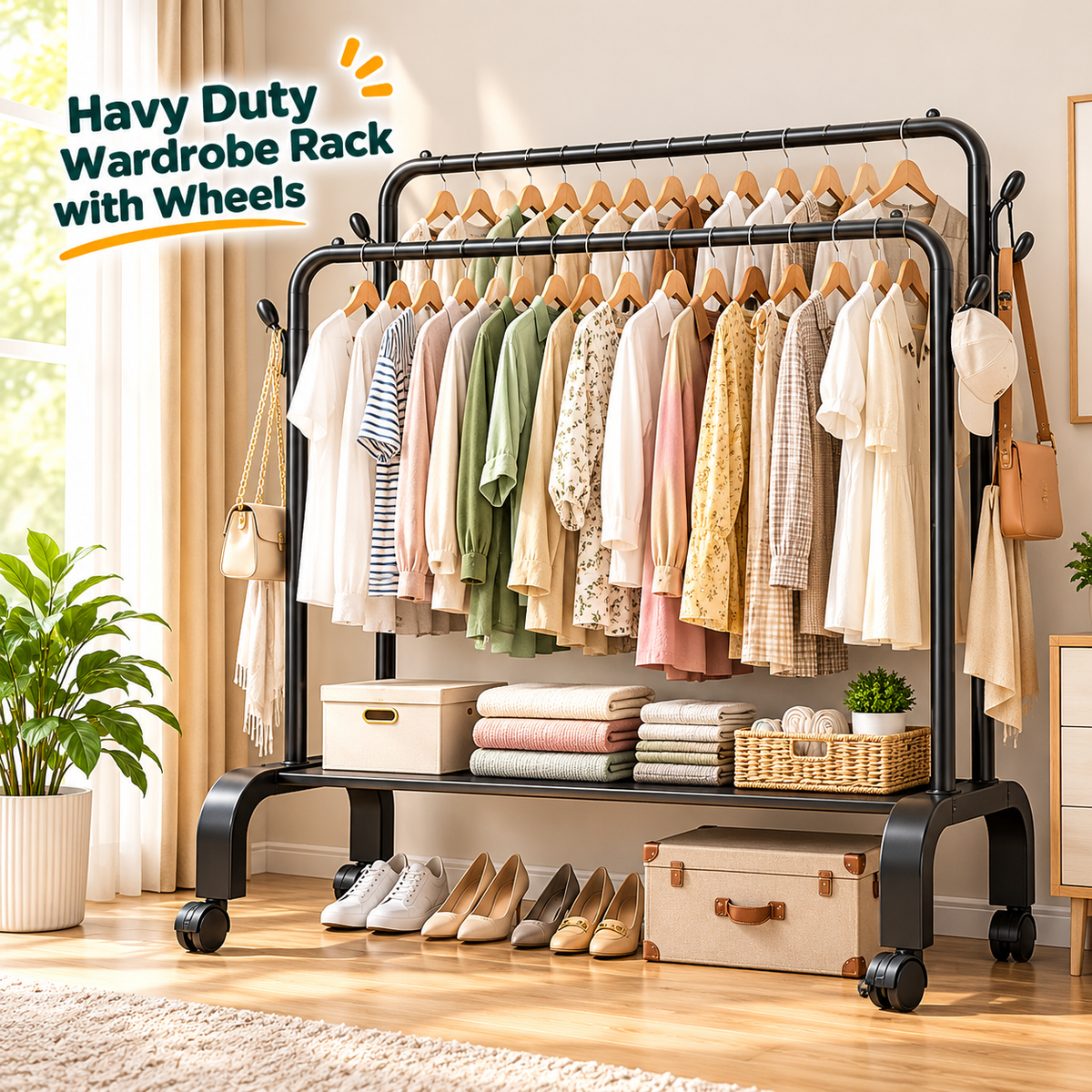 Floor-Standing Cloth Rack with Wheels – Portable Clothes Organizer