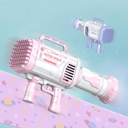 Toy space gun with pink and white design on a pastel background
