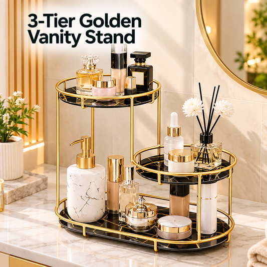 3-Tier Golden Vanity Stand – Elegant Makeup & Jewelry Organizer