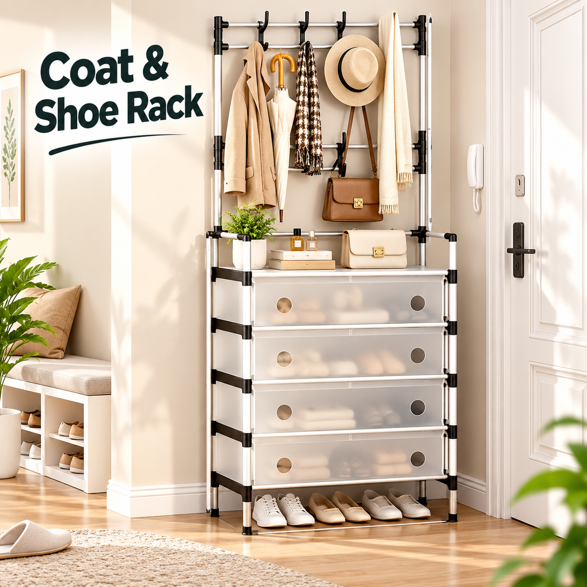 Multi-Purpose Shoe & Coat Rack with Dustproof Cover – Space Saving Storage Organizer