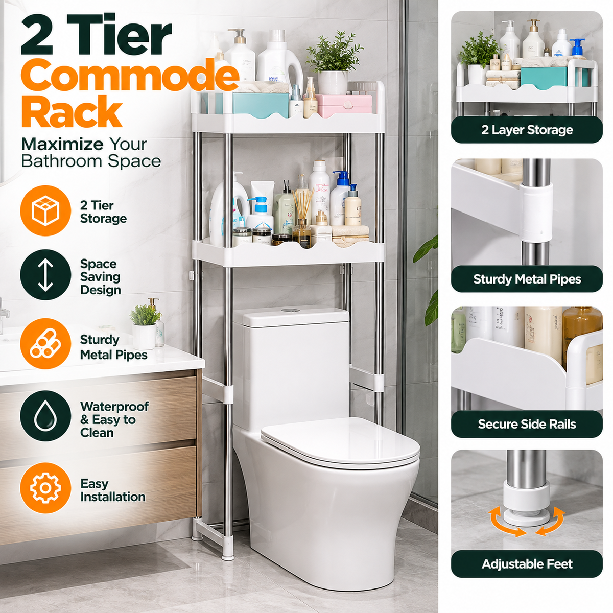 2 Tier Toilet Storage Rack Caamoad Shelf Stainless Steel