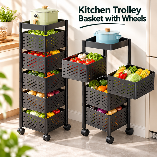 4 & 5 Tier Storage Trolley Basket – Multipurpose Kitchen Cart with Wheels