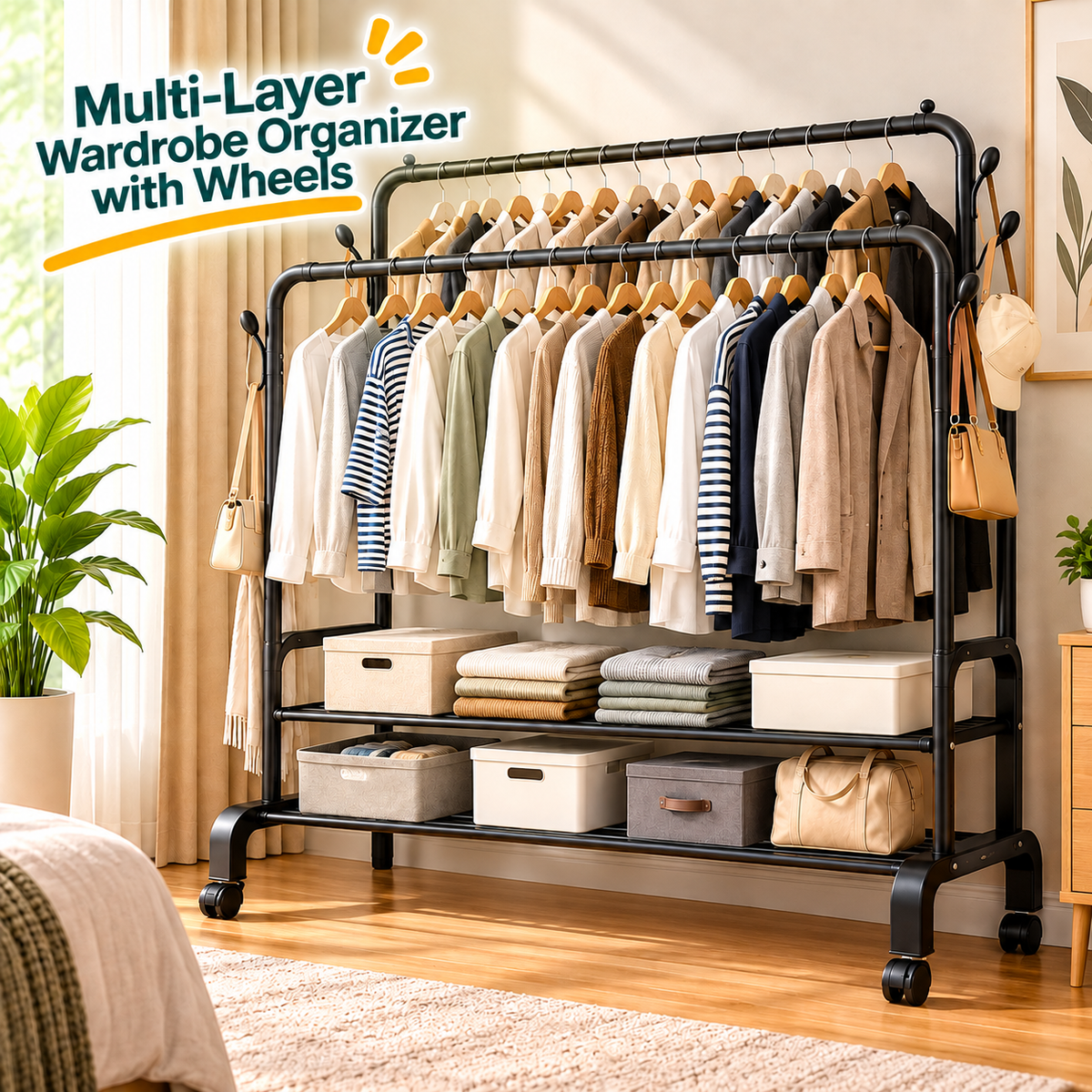Heavy Duty Metal Clothes Rack with Wheels – Double Rail & Storage Shelf