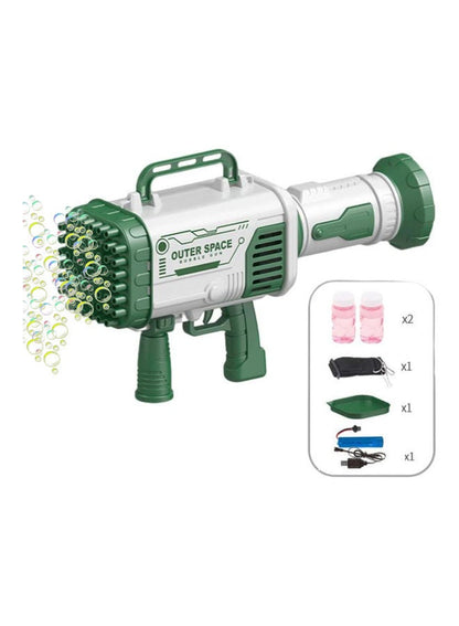 Green and white bubble gun with accessories on a white background