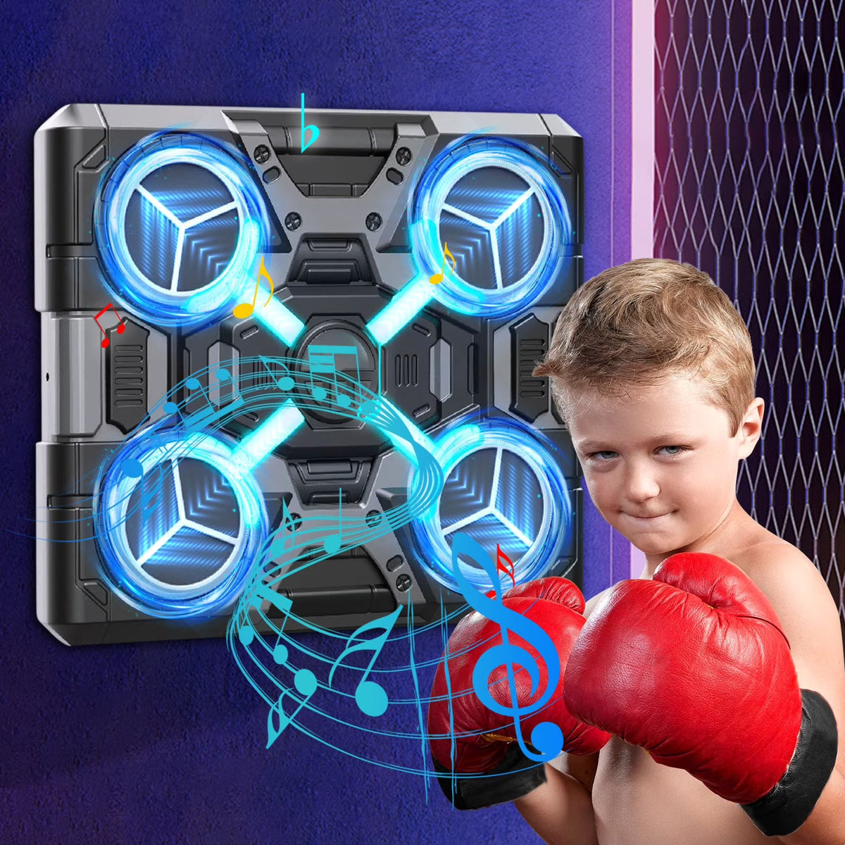 Child wearing red boxing gloves with a futuristic device and music notes on a blue background