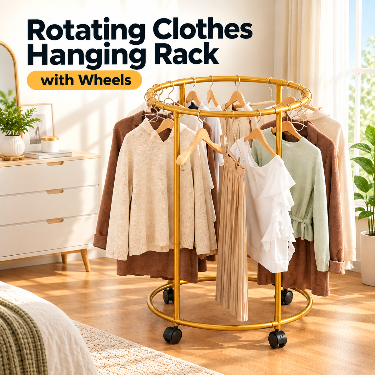 Rotating Clothes Hanging Rack with Wheels – Portable 360° Garment Organizer