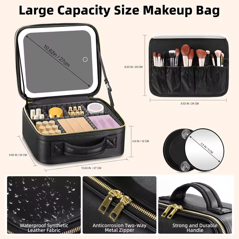 Large Capacity LED Makeup Bag with Mirror – Portable Cosmetic Organizer Case