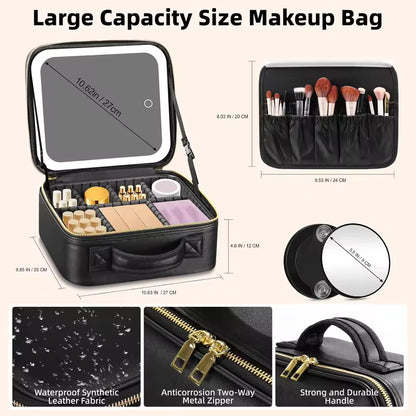 Large Capacity LED Makeup Bag with Mirror – Portable Cosmetic Organizer Case
