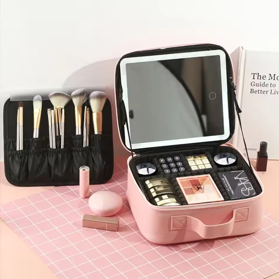 LED Makeup Mirror Handheld Makeup Box – Cosmetic Organizer with Built-in Light Mirror