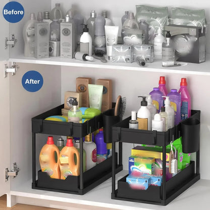 Double Deck Sliding Storage Organizer with Hooks