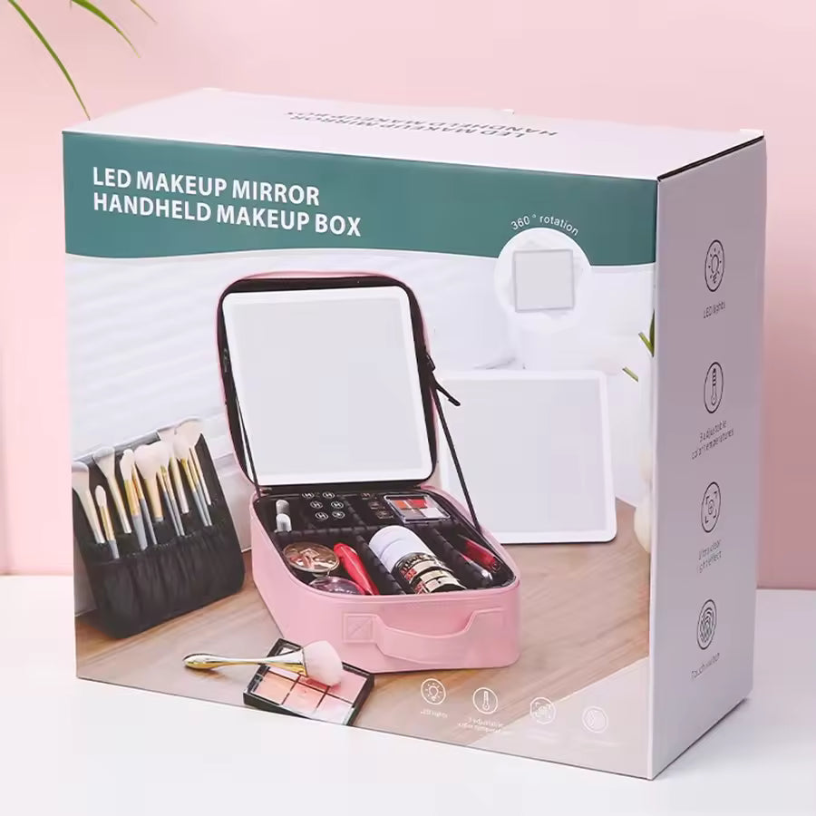 LED Makeup Mirror Handheld Makeup Box – Cosmetic Organizer with Built-in Light Mirror