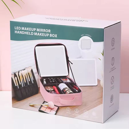 LED Makeup Mirror Handheld Makeup Box – Cosmetic Organizer with Built-in Light Mirror