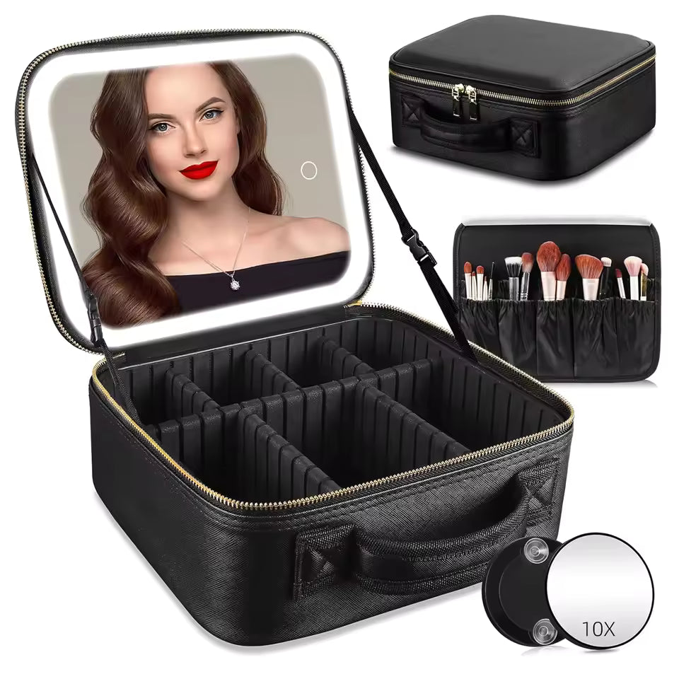 Large Capacity LED Makeup Bag with Mirror – Portable Cosmetic Organizer Case
