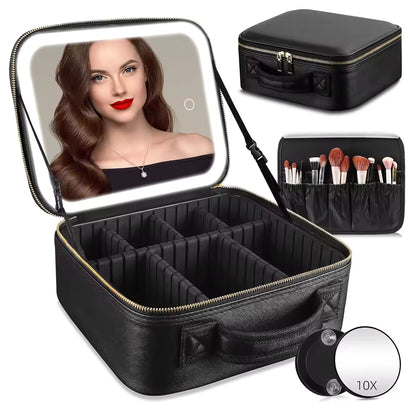 Large Capacity LED Makeup Bag with Mirror – Portable Cosmetic Organizer Case