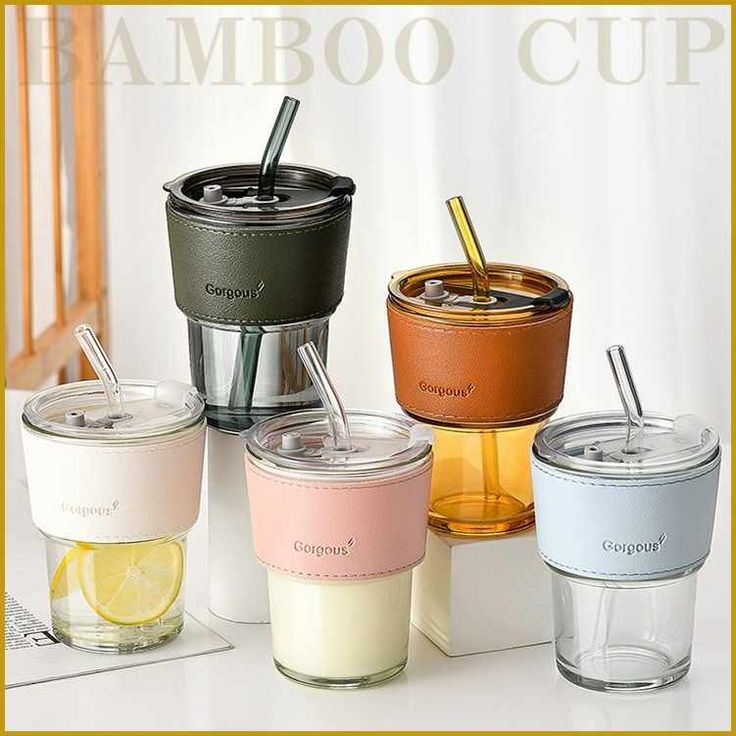 Premium Leather Sleeve Glass Cup With Lid & Straw – Travel Friendly Mug