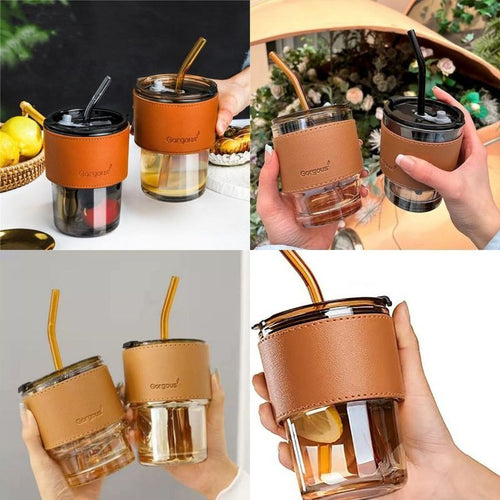 Premium Leather Sleeve Glass Cup With Lid & Straw – Travel Friendly Mug