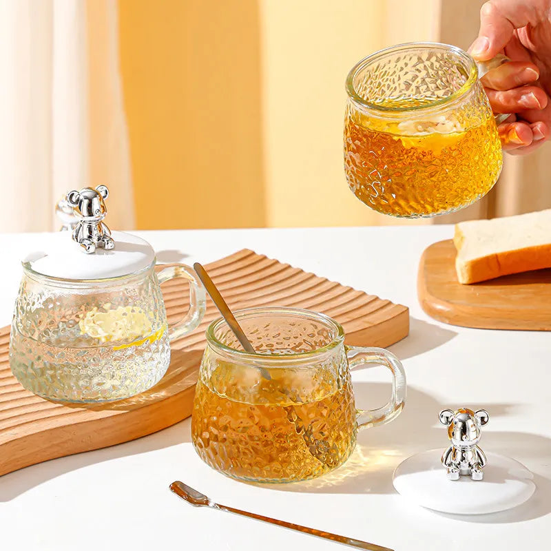 400ml Bear Glass Mug with Lid & Spoon | Cute Textured Crystal Tea & Coffee Cup