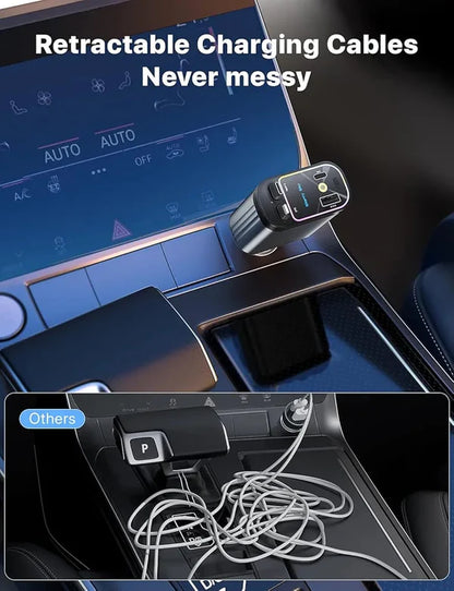 4-in-1 Retractable Car Charger with LED Star Light | Fast Charging Car Adapter with Dual Retractable Cables & USB Ports