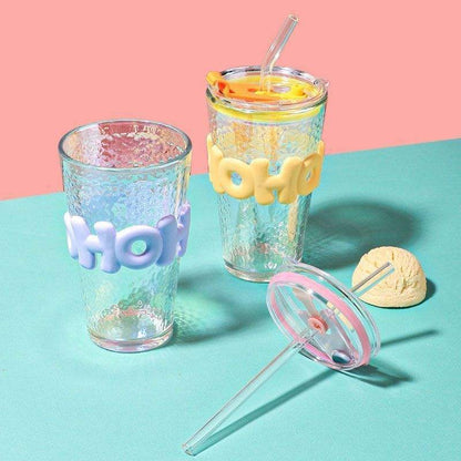450ml Glass With Straw Coffee Cup Anti-scald Letter Sleeve Double Wall Glass Water Milk Juice Tea Coffee Cups