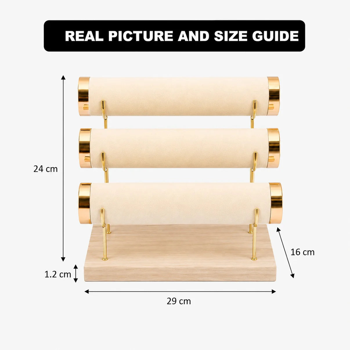 3-Tier Velvet Jewelry Organizer Stand with Wooden Base | Display Holder