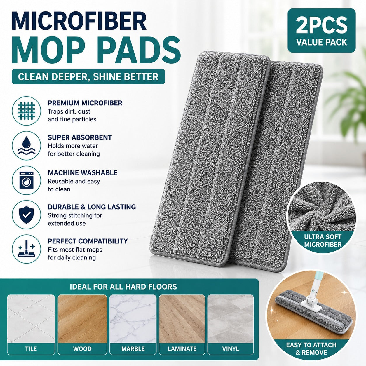 Washable Durable Replacement Microfiber Pads – Reusable Mop Cleaning Pads