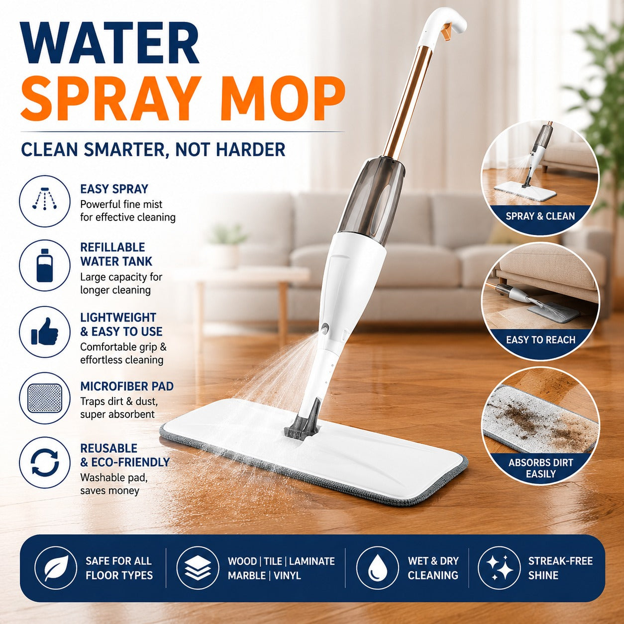 Water Spray Mop – Wet & Dry Floor Cleaning Mop with Built-In Spray