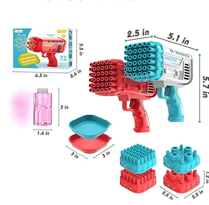 Toy bubble gun with components and measurements on a white background