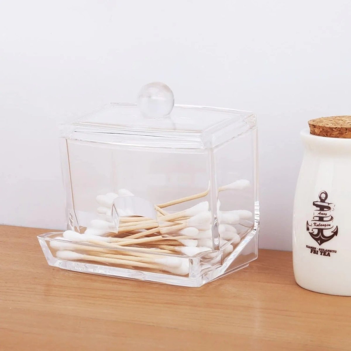 Acrylic Cotton Swabs Storage Holder Box – Transparent Makeup Organizer with Lid - Saadiq.pk
